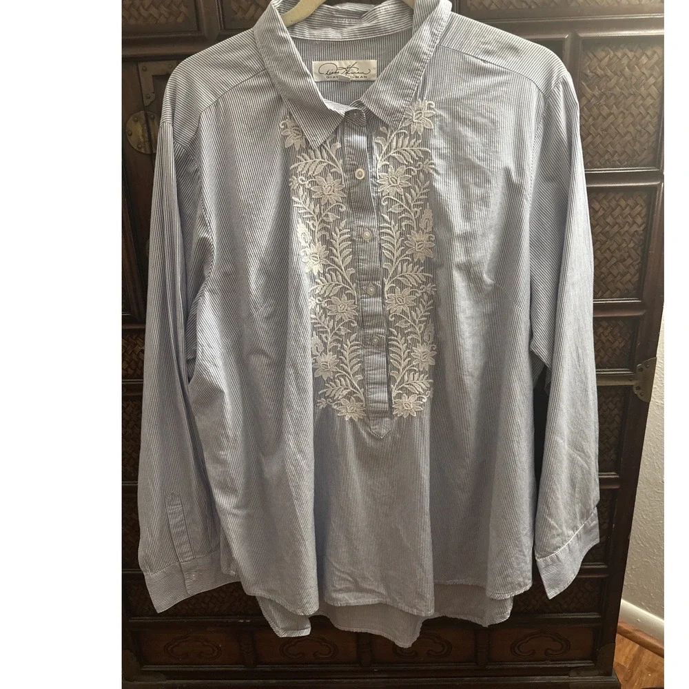 Women's Blouse Blue‎ White Stripe Long Sleeve 100% Cotton Floral Embroidery XL